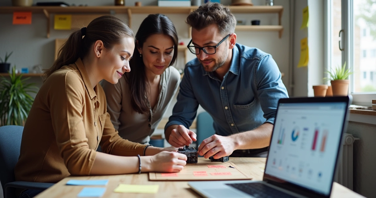 Prototipo de produto sendo testado em ambiente de PME com equipe atenta