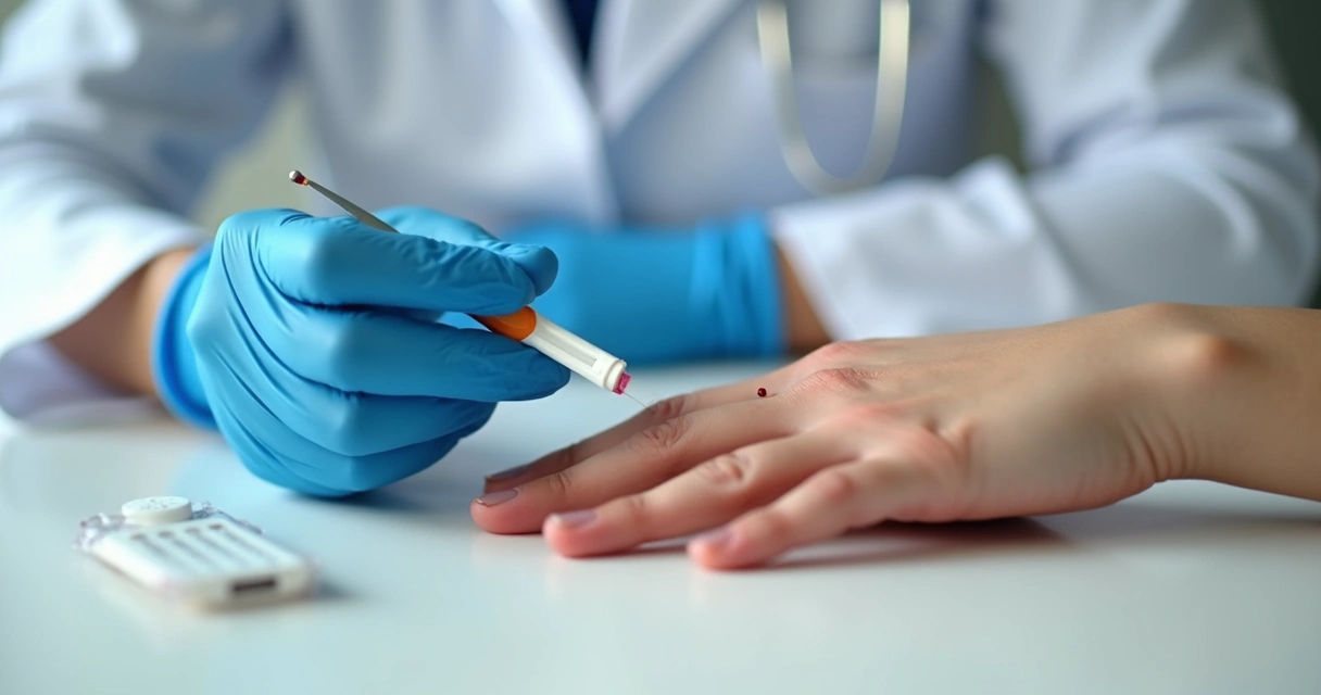 Profissional de saúde realizando teste rápido em paciente com furo no dedo
