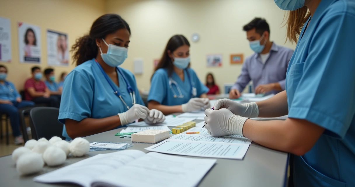 Enfermeira prepara teste rápido de ISTs em clínica de saúde