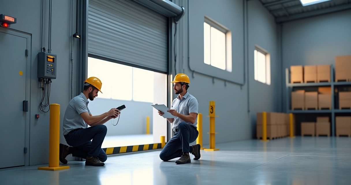 Equipe testa segurança de porta automática em galpão comercial 