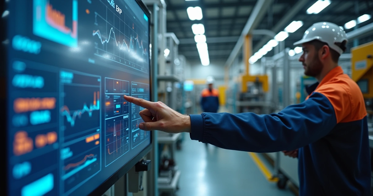 Operador testando sistema ERP em tela de computador no chão de fábrica 