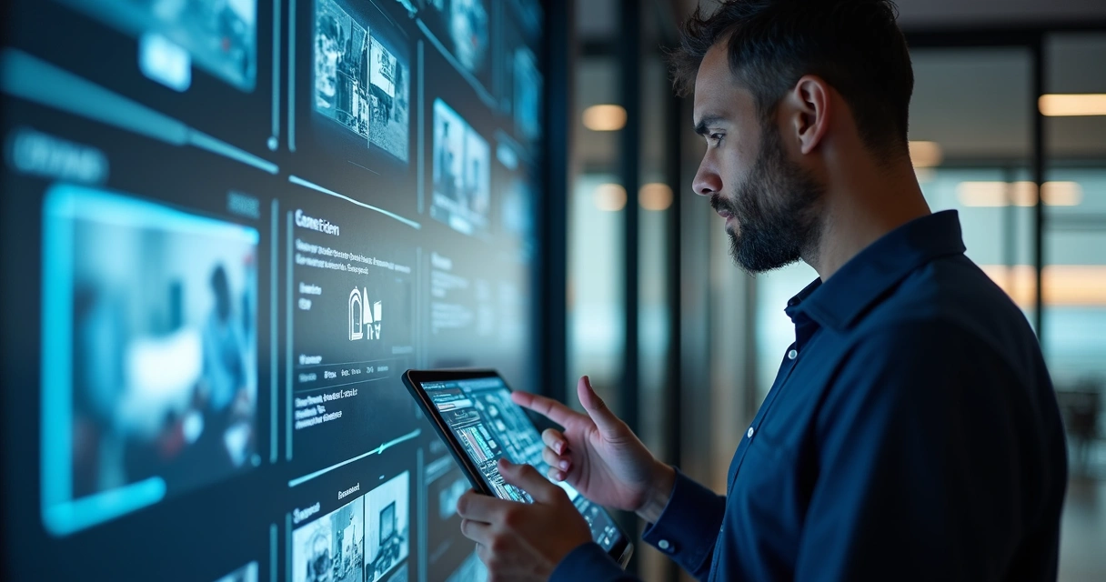 Profissional testando sistema de segurança eletrônico com tablet 