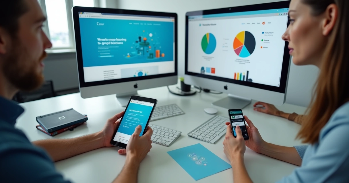 Equipe testando site em smartphone, tablet e computador ao mesmo tempo 