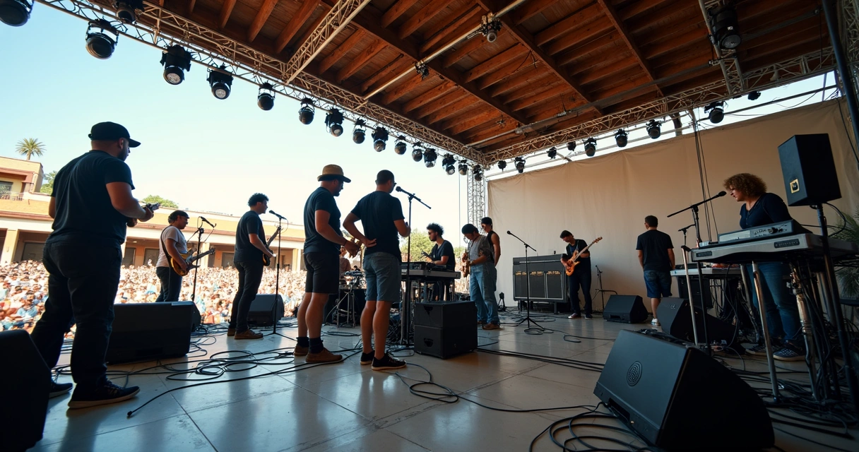 Equipe técnica e músicos em palco, ajustando equipamentos de áudio durante passagem de som em evento musical na Bahia 