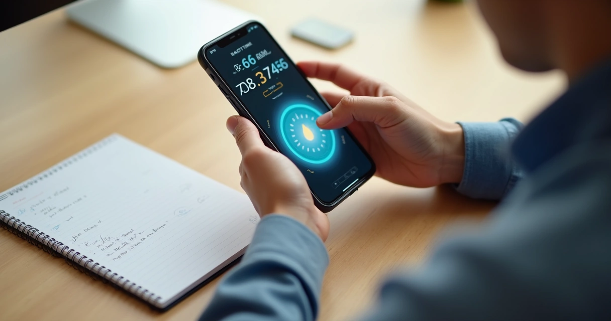 Pessoa fazendo teste de reação no celular em mesa clara