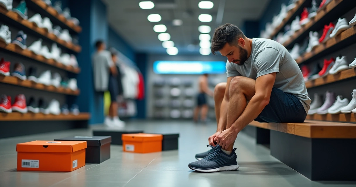 Pessoa experimentando tênis esportivo em loja 