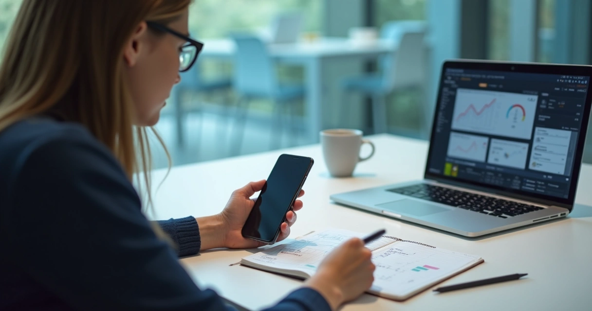 Pessoa observando teste de aplicativo em smartphone com anotações