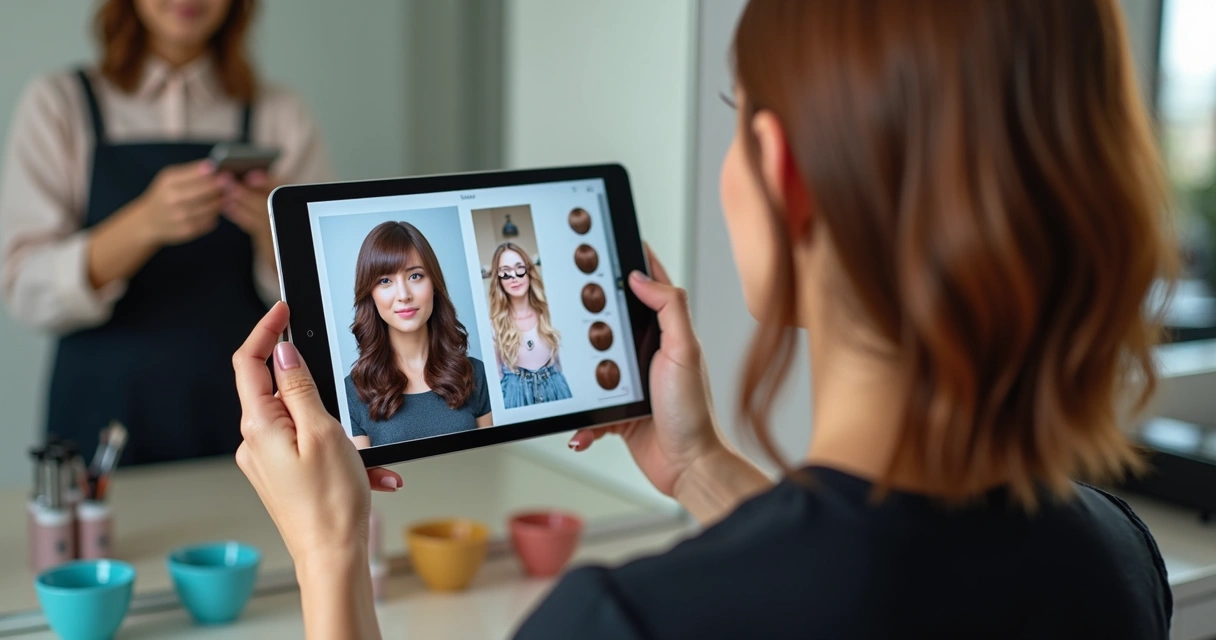 Profissional usando teste virtual de cor em tablet no salão 
