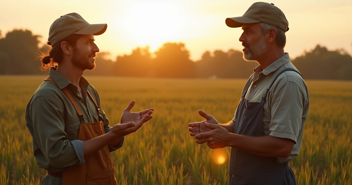 Trabalhador com vizinho em ambiente rural dando depoimento 
