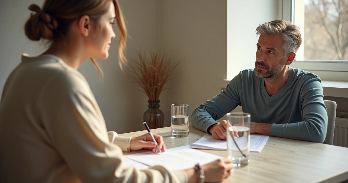 Vizinho assinando declaração em sala simples, mesa com papéis 