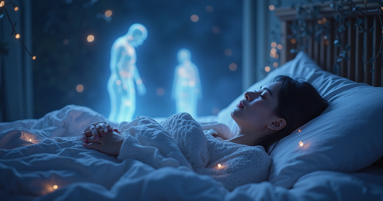 Pessoa deitada dormindo com silhuetas e luzes coloridas ao redor da cama 