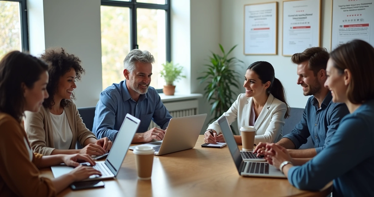 Clientes deixando depoimentos em laptops sobre pequenas empresas 