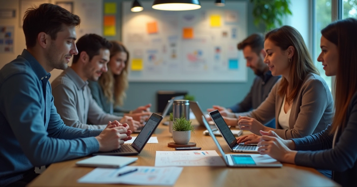 Personas probando una app en distintos dispositivos 