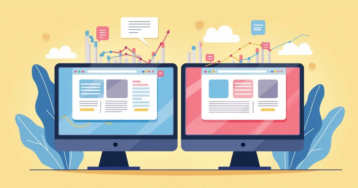 Tela dividida mostrando duas versões de landing page diferentes em teste A/B, gráficos de desempenho ao fundo 