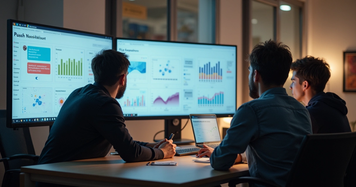 Equipe analisando resultados de testes em notificações push 