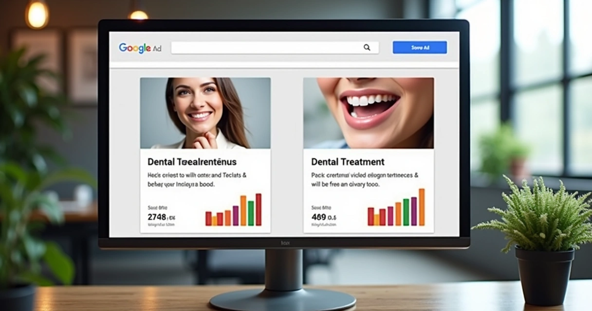 Comparação de anúncios A/B em painel de Google Ads para dentistas