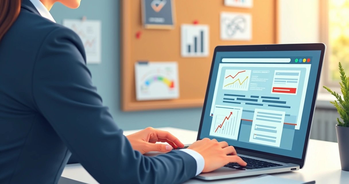 Pessoa usando laptop com gráficos e elementos de landing page abertos, simulando criação de teste A/B 