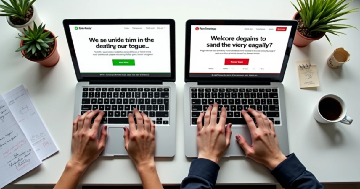 Interface de ferramenta A/B testando duas variantes de landing page lado a lado