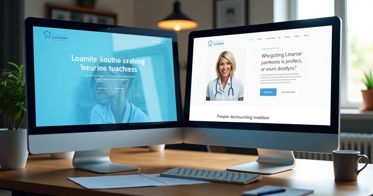 Testes de diferentes landing pages lado a lado em monitores