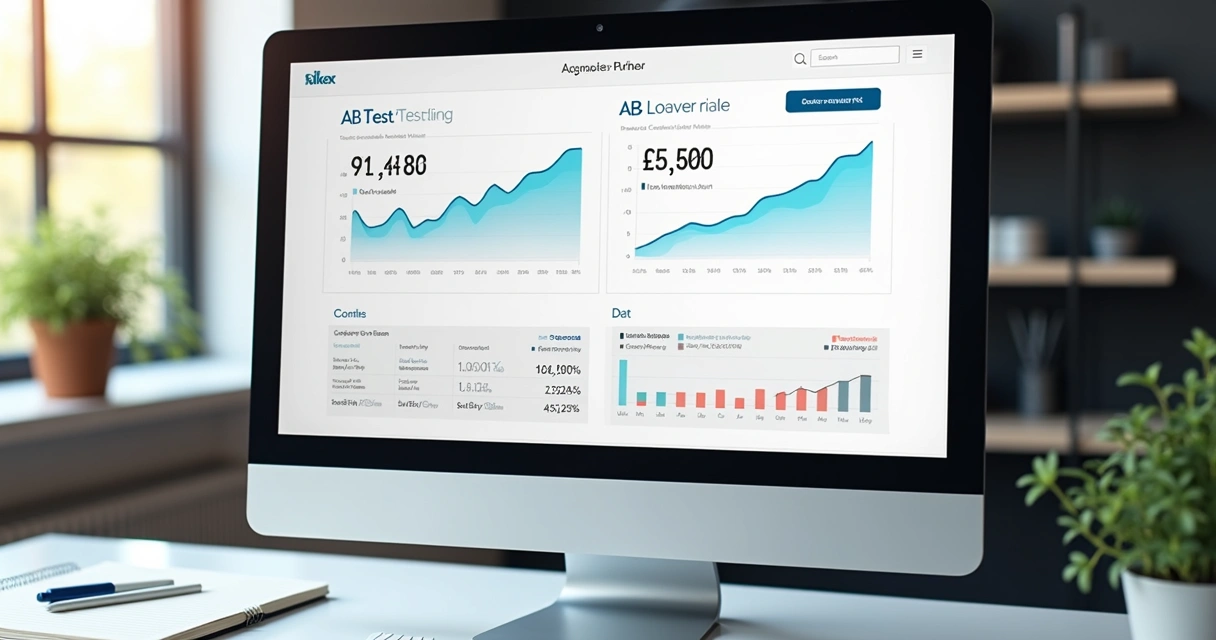 Dashboard de testes A/B em tela com gráficos de conversão de site