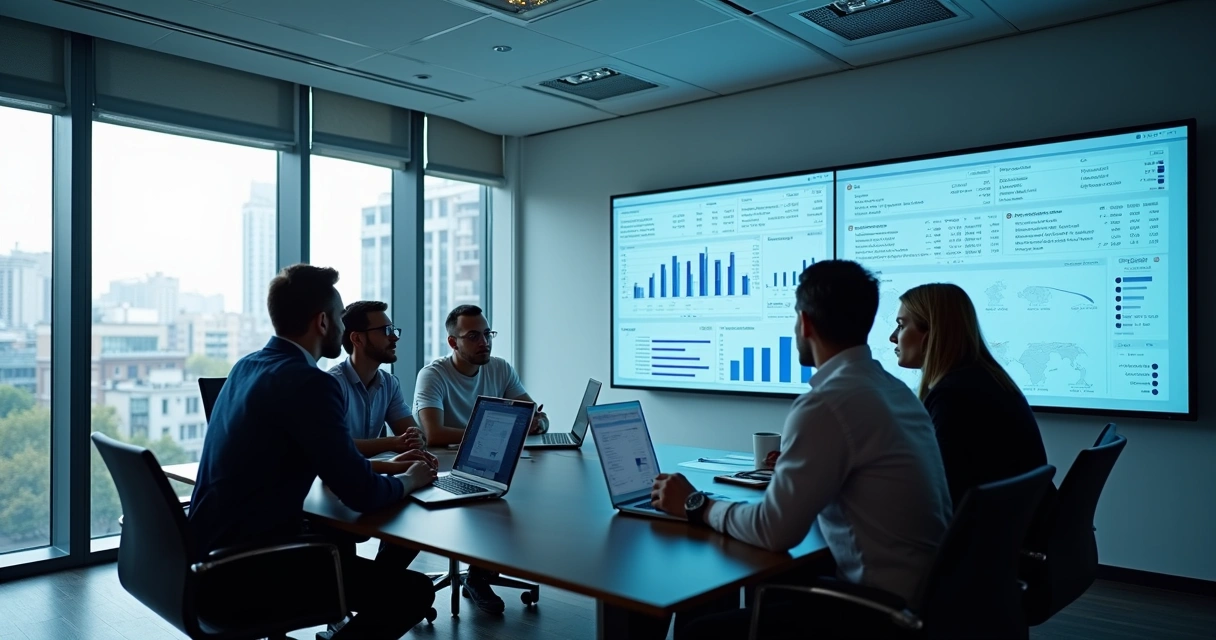 Equipe analisando gráficos e textos em telas em sala de reuniões moderna 