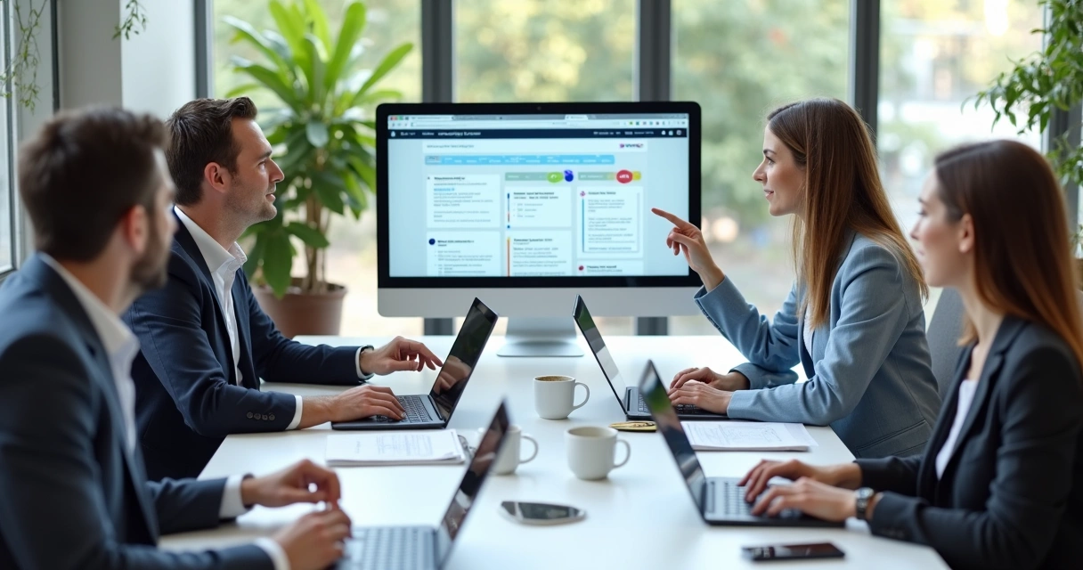 Equipe reunida testando software customizado em notebooks