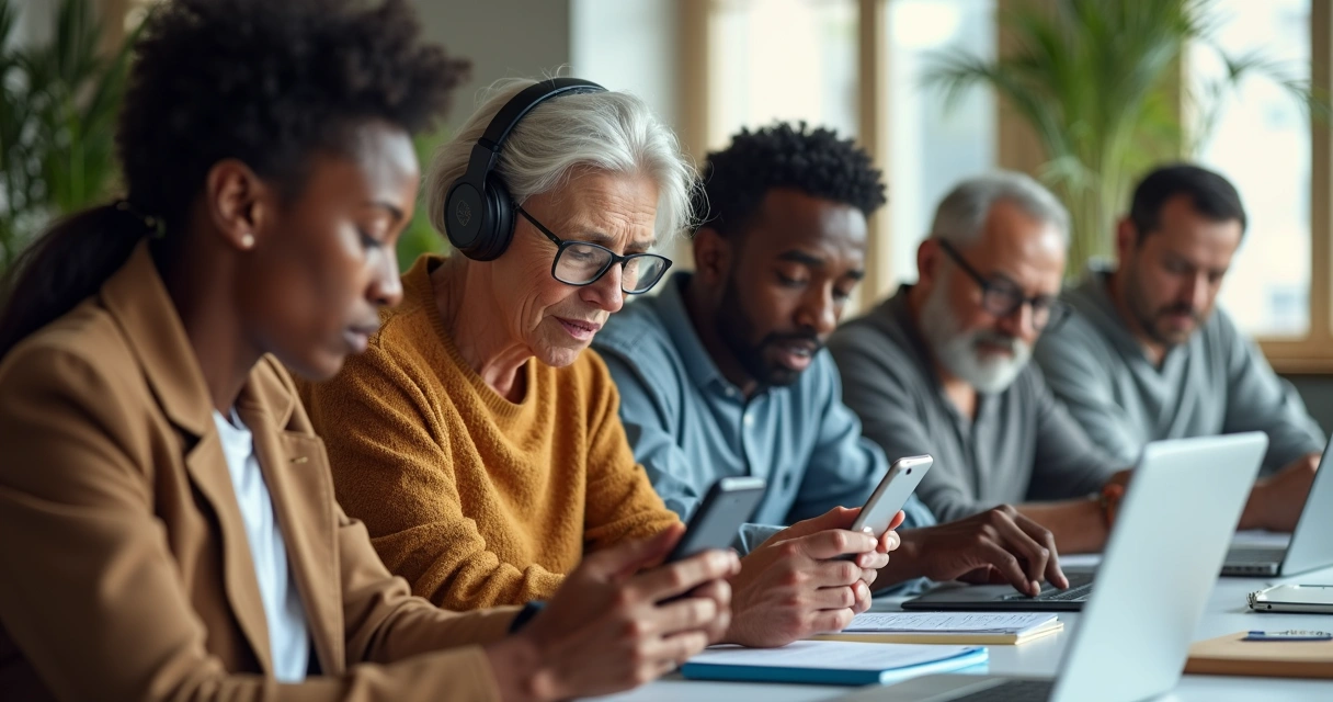 Grupo de pessoas diversos testando site em diferentes dispositivos 