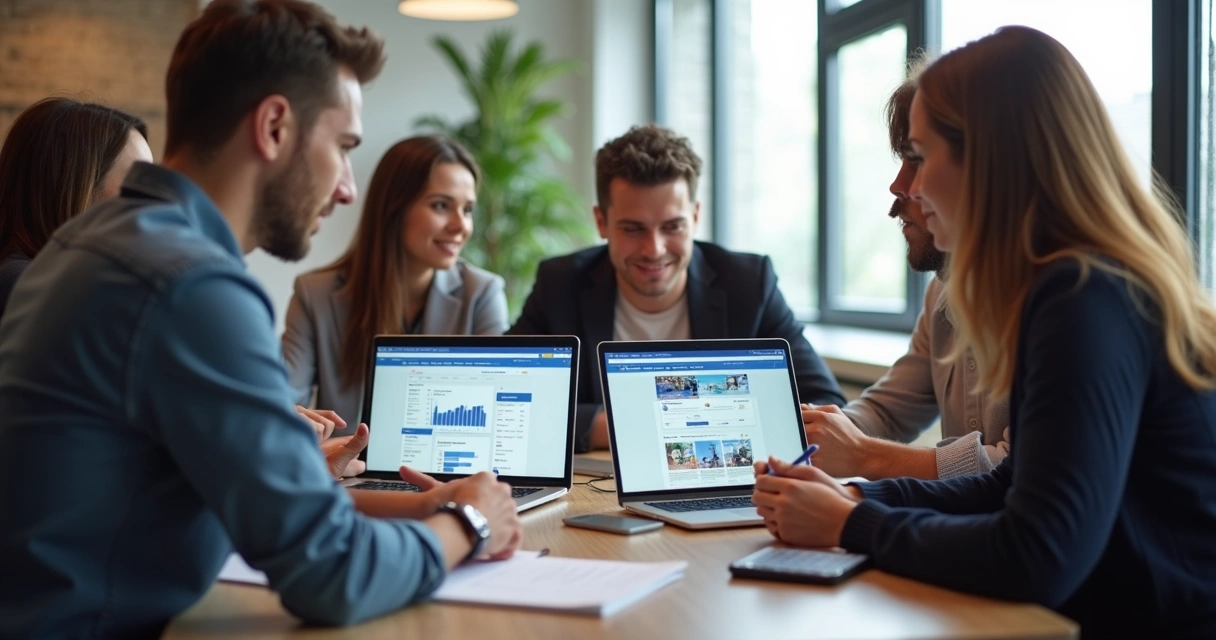 Equipe analisando resultados de testes em campanhas do Facebook. 