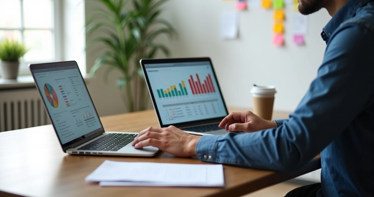 Pessoa analisando relatórios de campanhas digitais em dois notebooks 