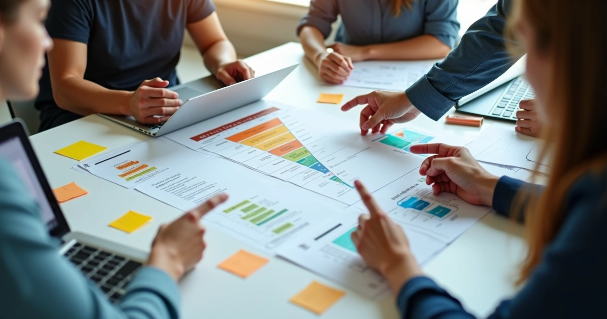 Mesa com papéis, funil desenhado, notebook e pessoas ajustando fluxos juntos 