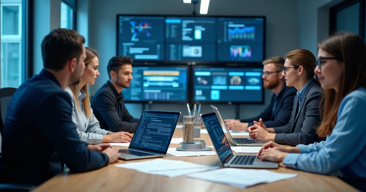 Equipe técnica testando aplicativo corporativo em notebooks e celular 