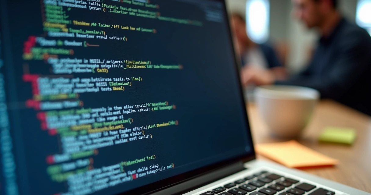Computador aberto exibindo testes automatizados de API bancária 