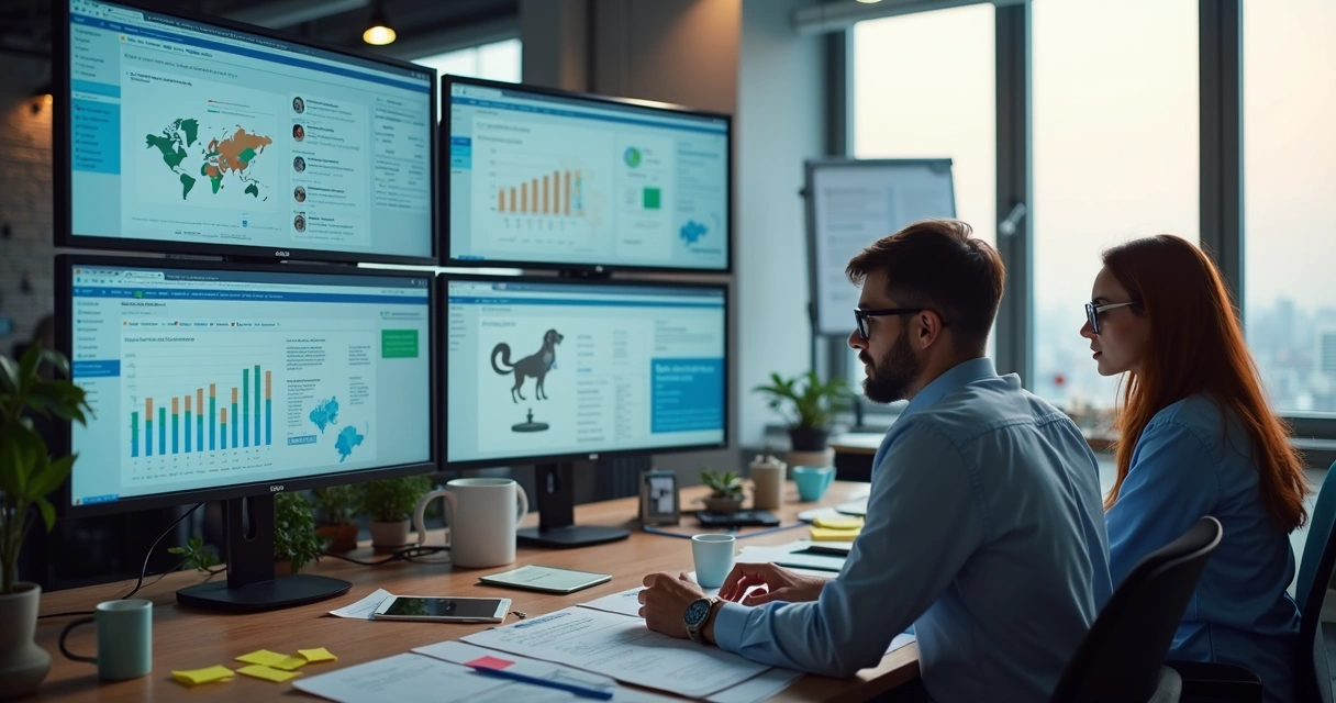Equipe de marketing analisando gráficos e campanhas digitais em telas