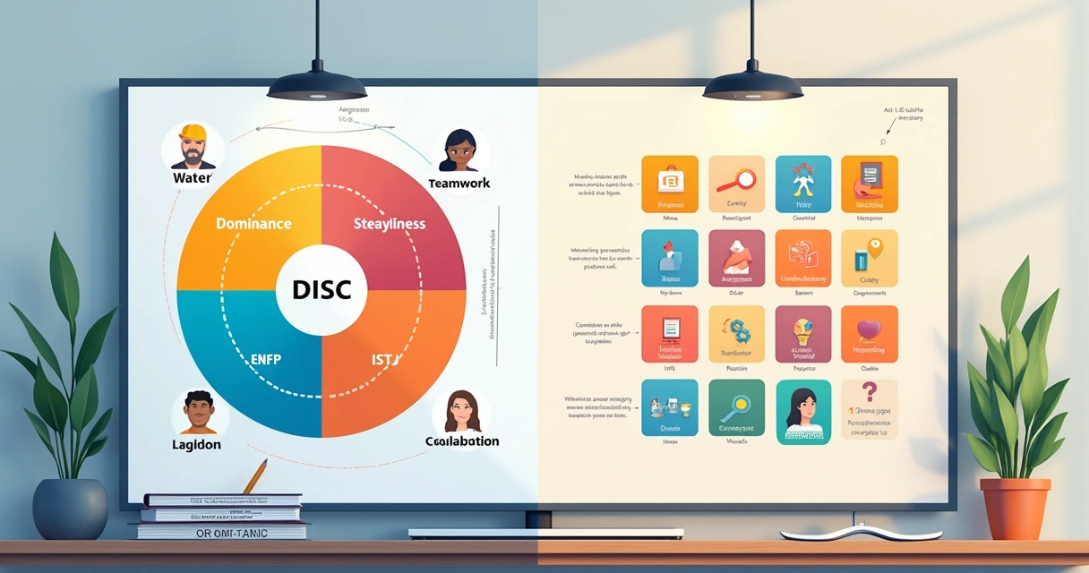 Comparativo visual entre os eixos do DISC e as dimensões do MBTI lado a lado, com figuras que representam trabalho em equipe e gestão de pessoas. 