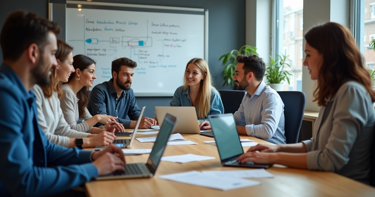 Equipe de empresa testando sistema CRM em sala colaborativa 