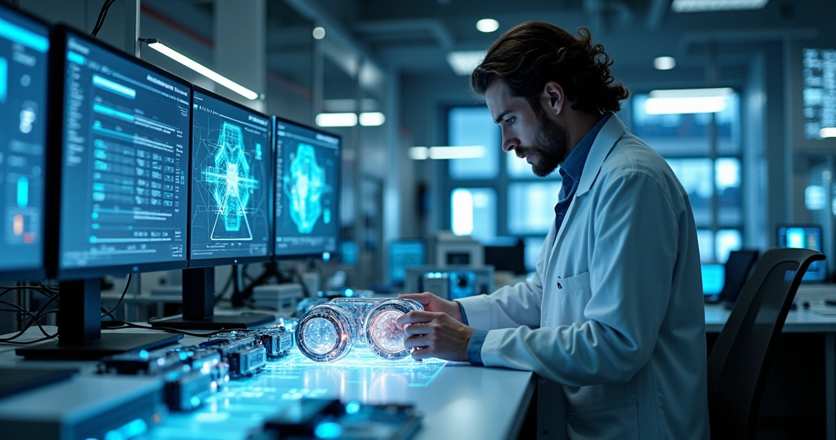 Profissional testando protótipo tecnológico em ambiente de inovação