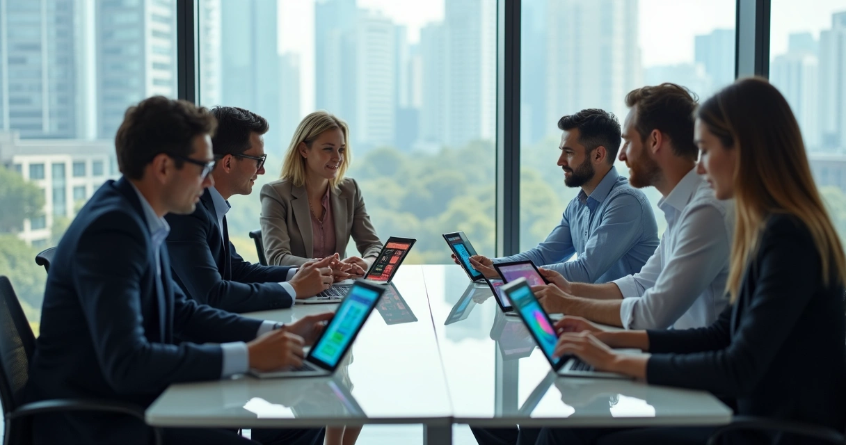 Equipe corporativa realizando testes DISC em tablets 