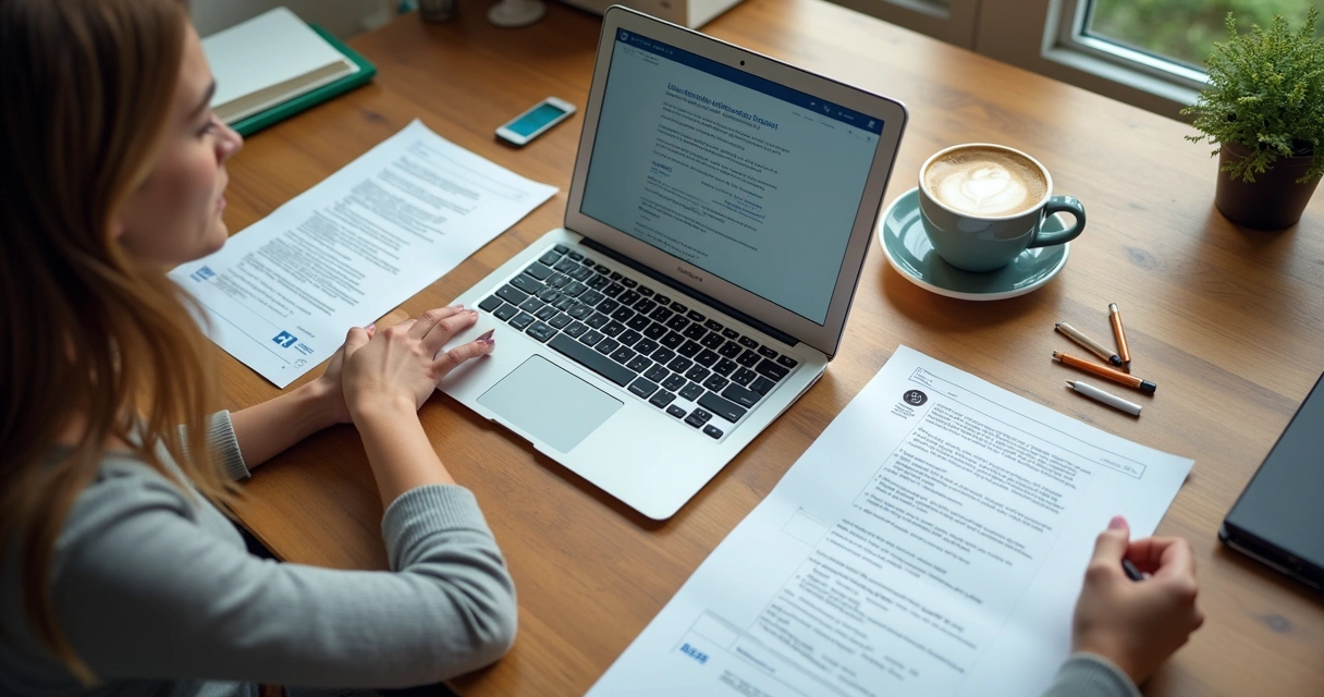 Pessoa testando diferentes prompts em laptop, vários rascunhos na mesa 