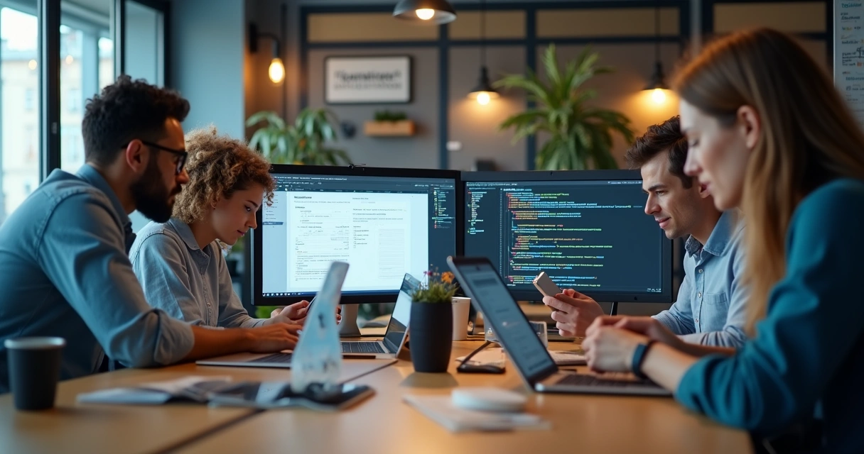 Equipe testando site em vários dispositivos no ambiente de trabalho 