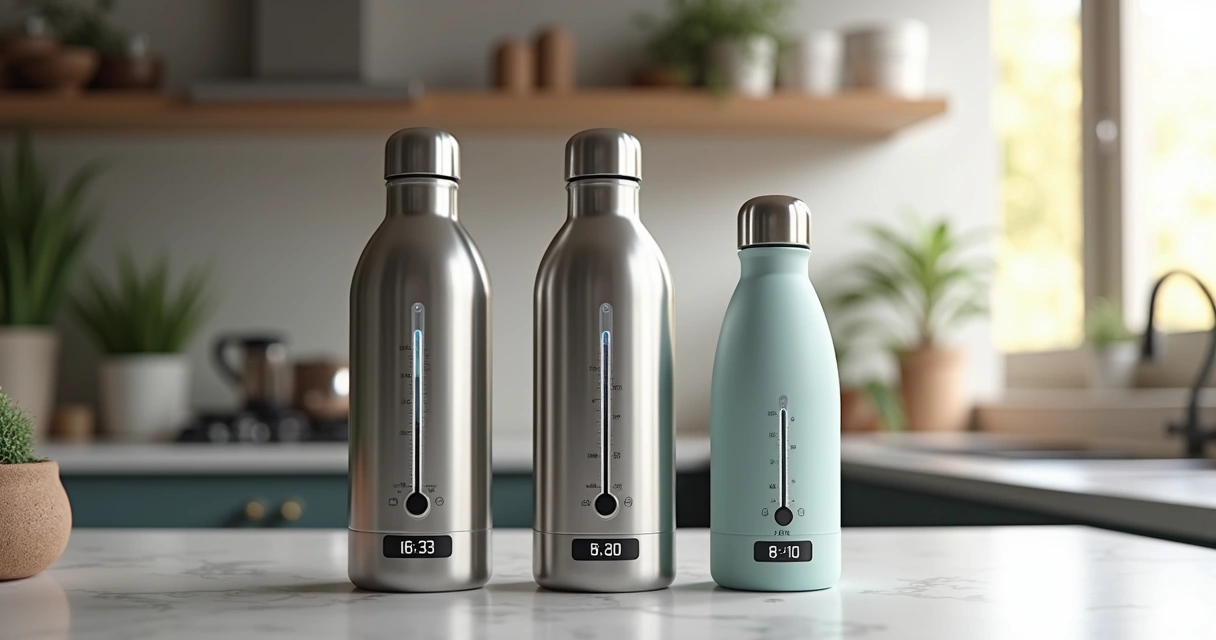 Pessoa testando a temperatura de uma garrafa térmica com termômetro 