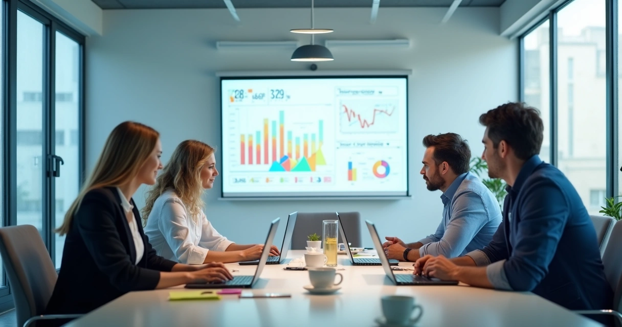 Equipe pequena reunida em sala de reunião analisando dados em gráficos coloridos 