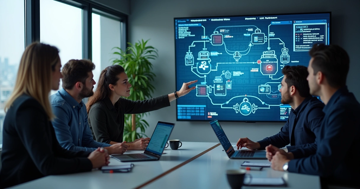 Equipe avaliando integrações de sistemas em painéis digitais