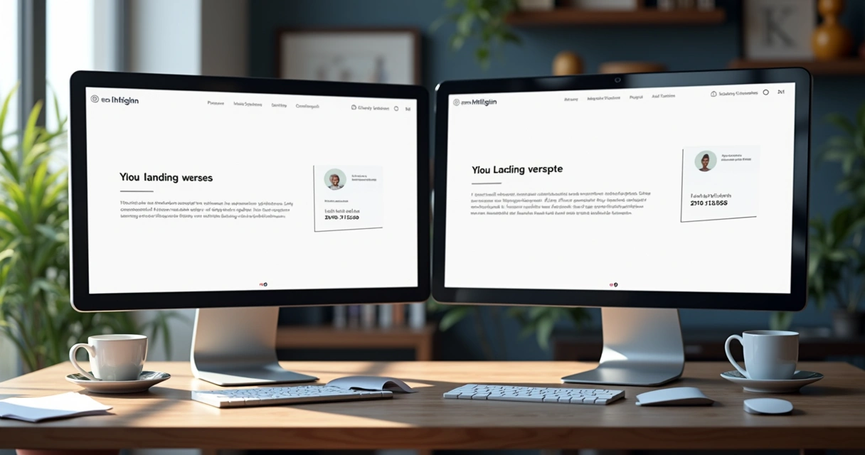 Duas várias versões de landing pages exibidas lado a lado em telas grandes