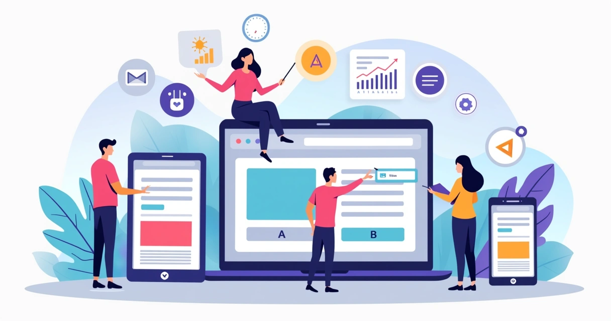 Ilustração de profissionais analisando testes A B em diferentes landing pages em vários dispositivos 