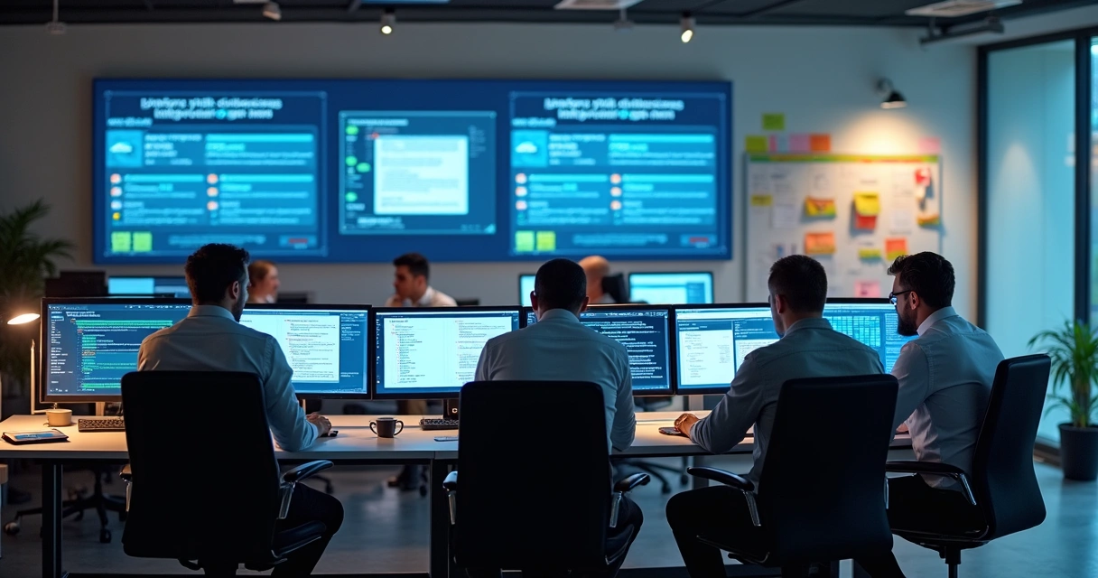 Equipe de TI realizando teste de migração de e-mail em computadores 