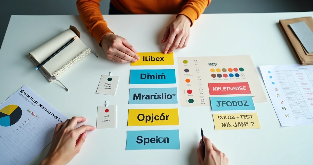 Cartelas com diferentes nomes de produtos sendo comparados em mesa branca 