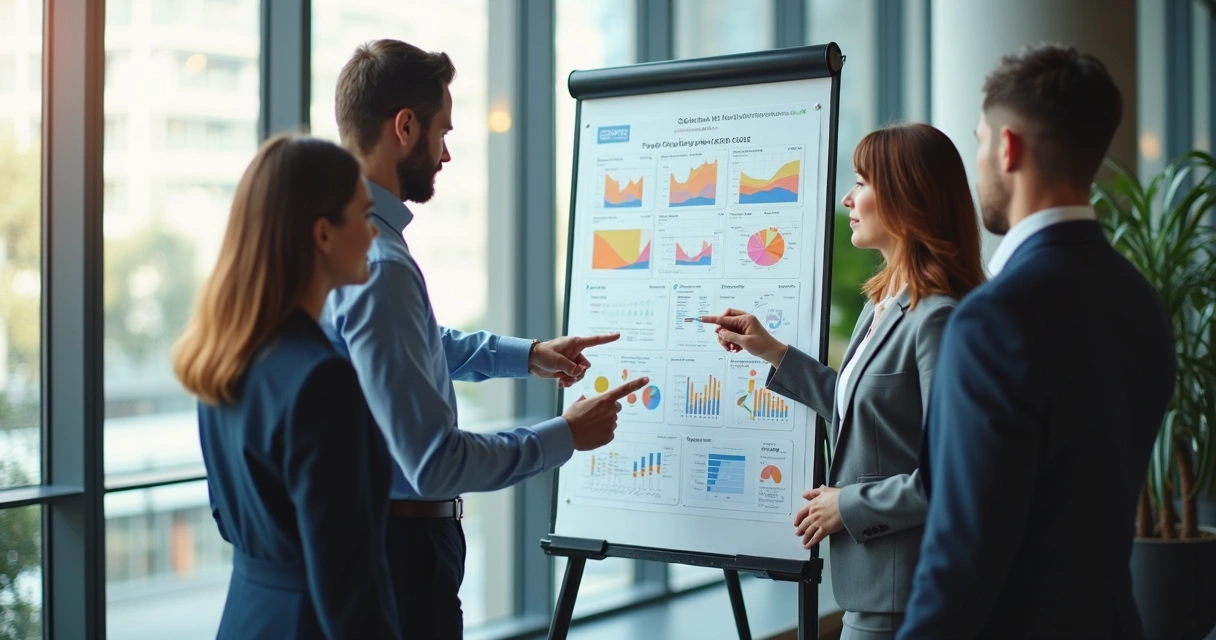 Equipe analisando gráficos de teste de ofertas em uma lousa 