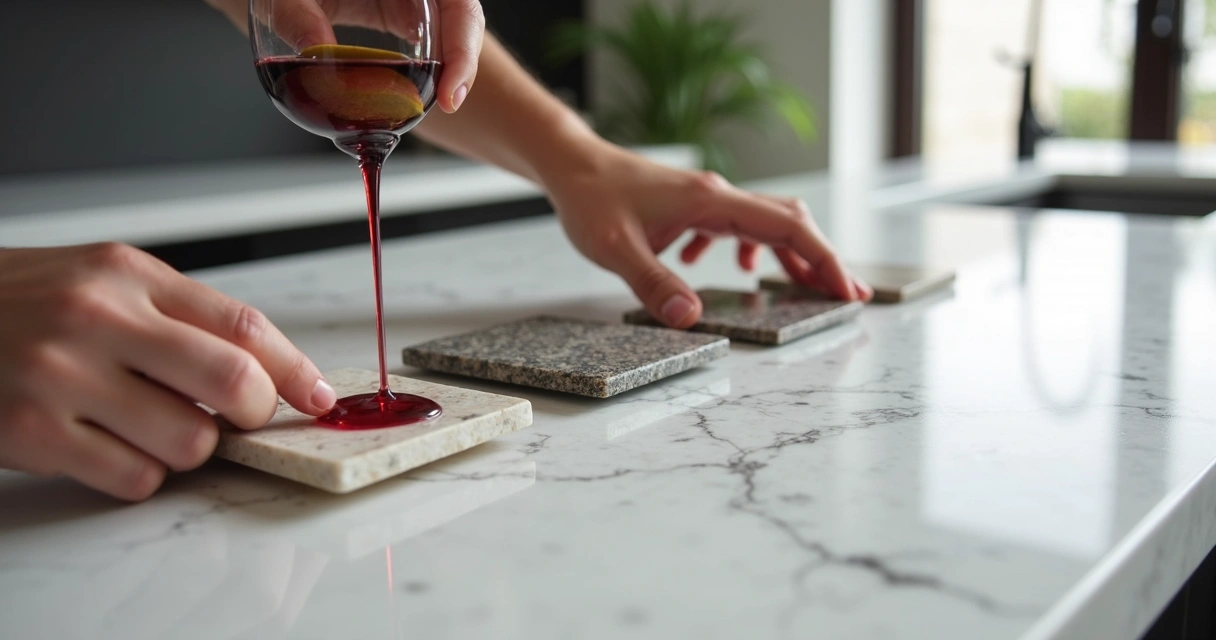 Pessoas testando diferentes tipos de pedra em bancada de cozinha, pingando líquidos e arrastando objetos 