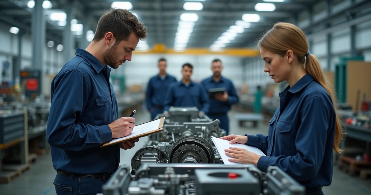 Avaliador observando candidato realizar teste prático técnico, em ambiente industrial com supervisores ao fundo 