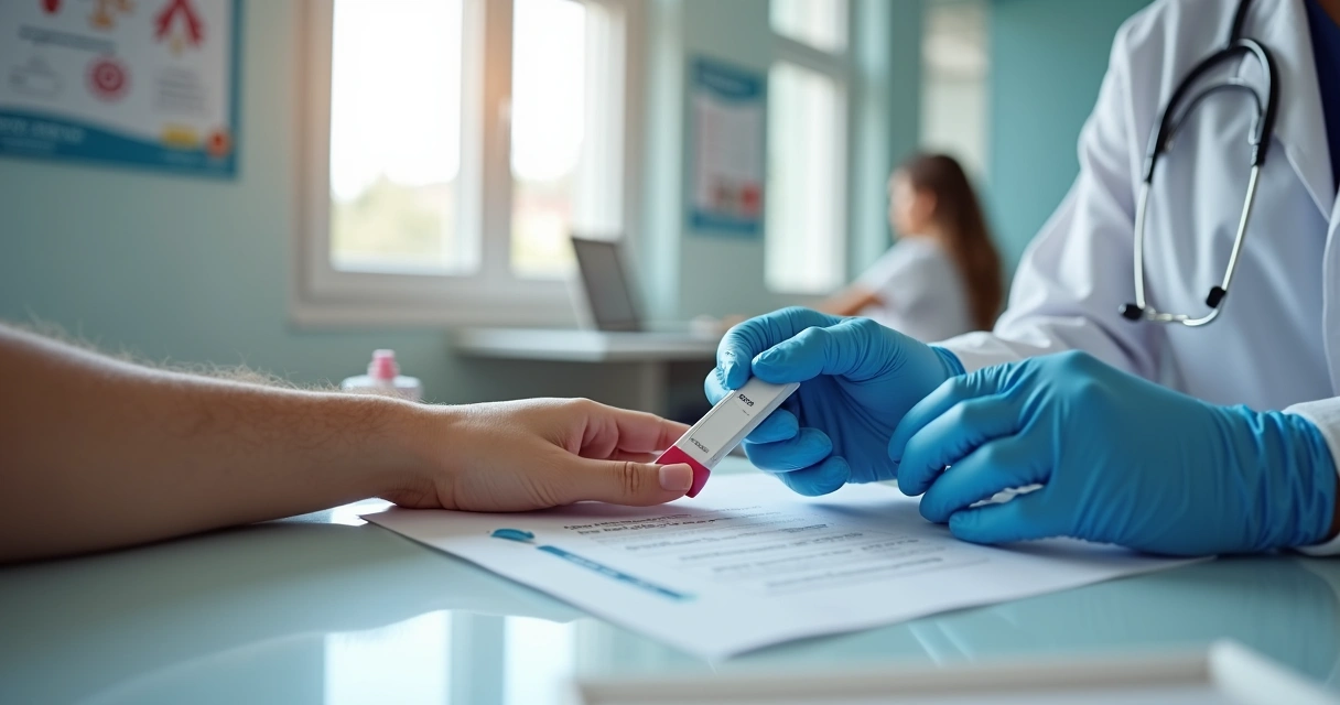 Profissional de saúde realizando teste rápido de HIV em consultório